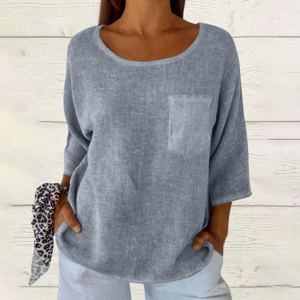 Женская мода однотонная свободная футболка с круглым вырезом и рукавом семь четвертей