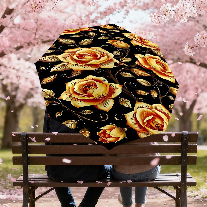 1PC Golden Roses Umbrella-8-Rib Reinforced Portable Folding Travel Suitable for All Seasons Outdoor Daily Use-H0362