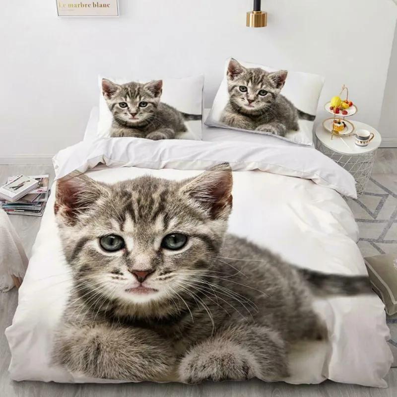 Комплект пододеяльников с изображением кошек, размер Queen, милый питомец, напечатанный на пододеяльнике для детей, мальчиков и девочек, 3D-покрывало из полиэстера с изображением животных из мультфильма