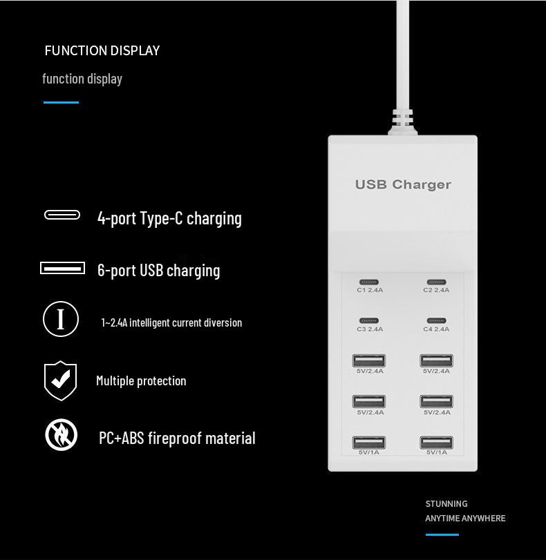 Зарядное устройство Power Fast 10 портов USB-C Сетевой фильтр 5V2A Безопасная розетка Для Apple Huawei Xiaomi