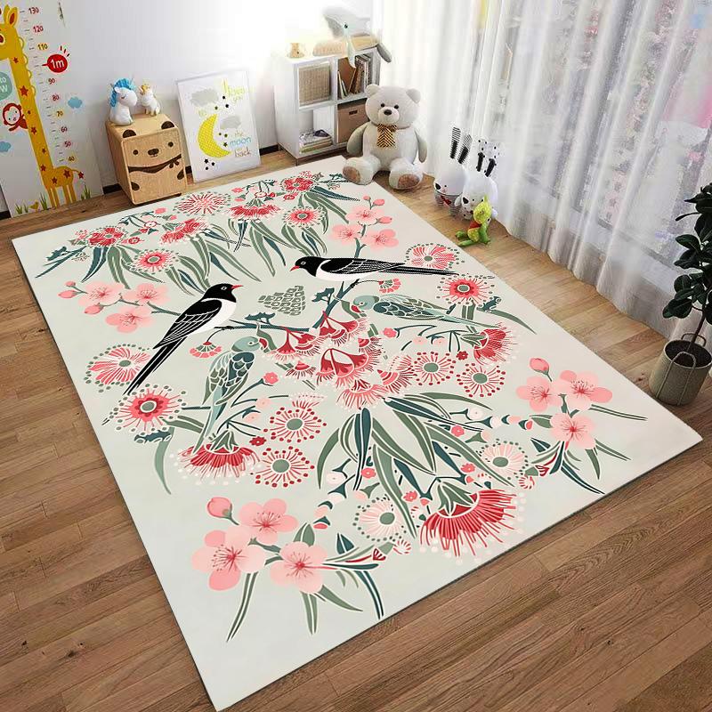 Birds and Floral Pattern Carpet, Pink and Green Botanical Style Rug Suitable for use as an anti-slip for living room bedroom sofas