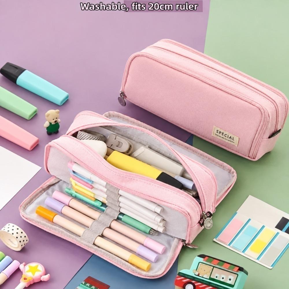 Spacious Interior Double Window Pencil Case Solid Color Multi Functional Organizer  Tool Collection