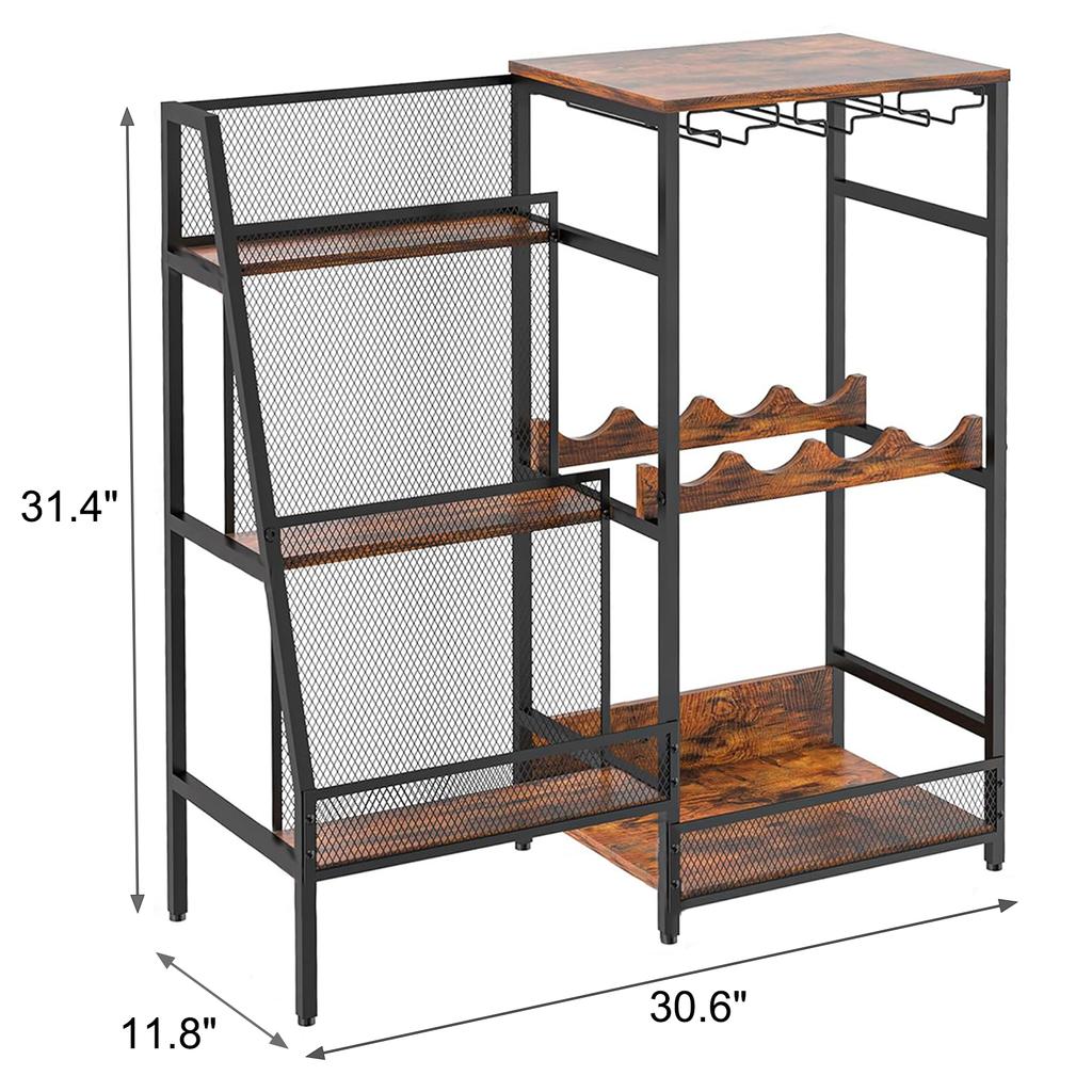 US Wine Rack Freestanding Floor Wine Bar Cabinet 3-Tier Floor Liquor Bar Cabinet With Fences & Glass Holder For Home Kitchen Bar