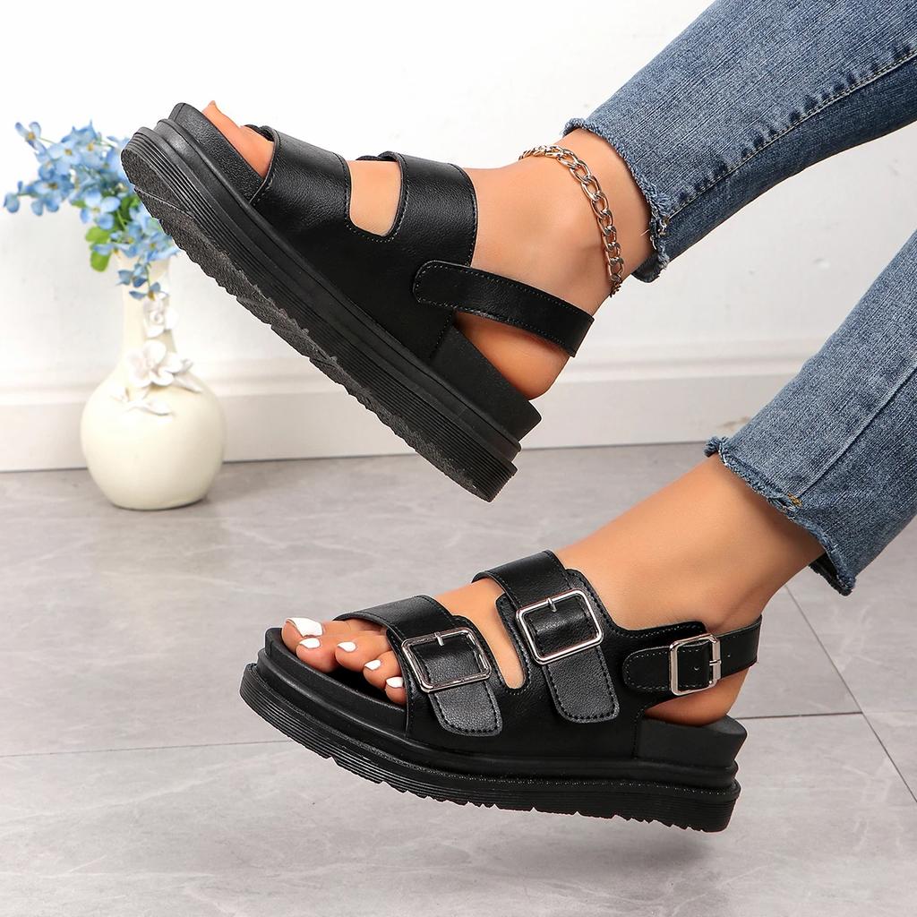 New Women Sandals British Style Rome Shoe Comfy Soft Leather Summer Metal Buckle Casual Slipper Flat Platform Sandals