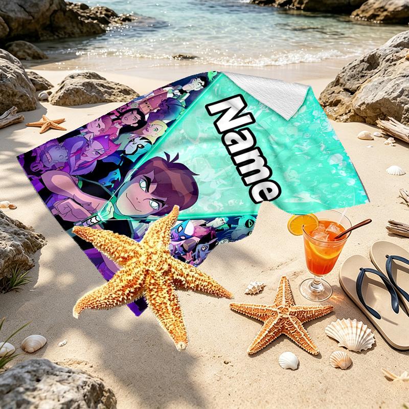 Custom Name Personalized Ben 10 Cartoon Print Beach Towel, for Trip Camping Beach Party Home Decor, Birthday Gift for Family & Friends