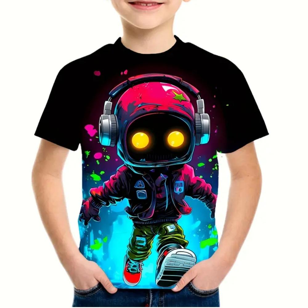 Children's and boys' clothing cool technology cartoon characters 3D printed pattern T-shirt outdoor casual short sleeved boys' T-shirt