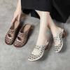 Hollow Breathable Slippers Genuine Leather Thick Heels Soft Soled Women's Shoes Retro Slides