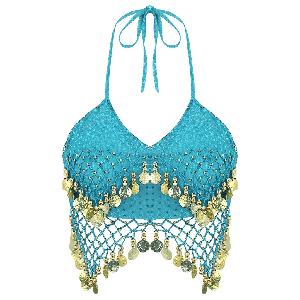Женский бюстгальтер-топ для танца живота с бретельками через шею, сетка из пайеток, пластиковые бусины, четкие кисточки, шнуровка, укороченный топ для танцев, костюм для выступлений