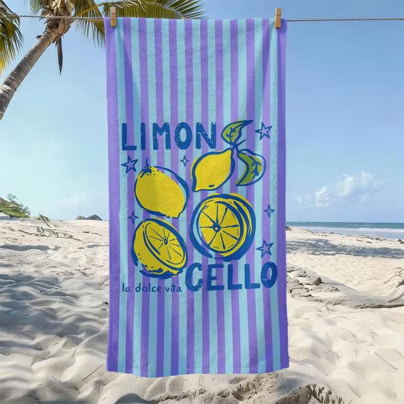 Pastel Purple Striped Limoncello Lemon Beach Towel Italian Summer Style Towel Portable Beach Vacation Towel