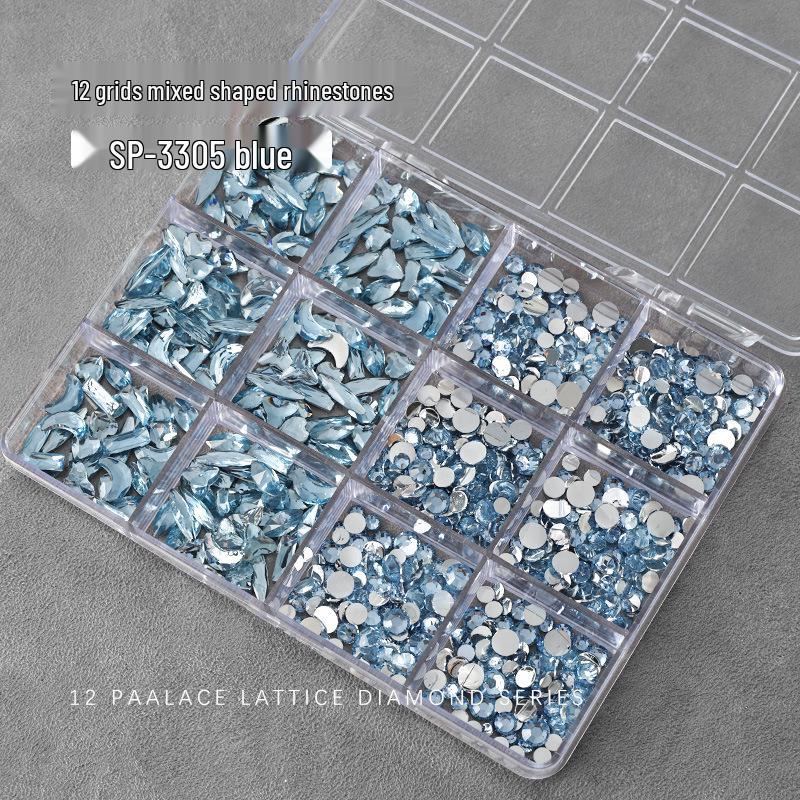 Nail Art Irregular Resin & Colored Rhinestones Set - Flatback, 12 Grids of Mixed Clear Diamonds