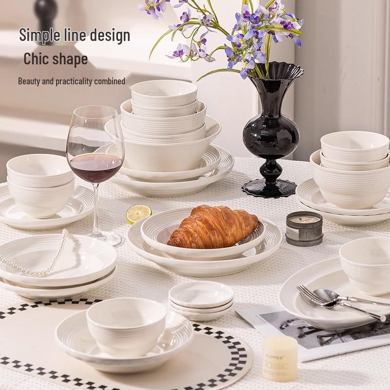 Ribbed Underglaze White Ceramic Tableware Set: Includes Plates, Chopsticks, Soup, Noodle, and Rice Bowls