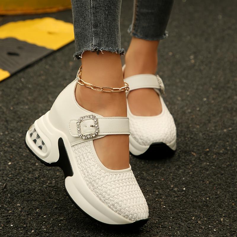 Женские кроссовки на платформе-клине с отделкой стразами, белые, искусственная кожа, нескользящая толстая подошва