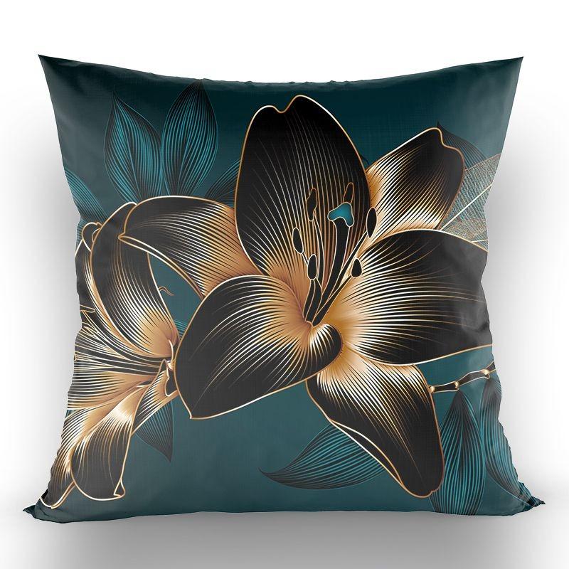 Chinese-Style High-End Modern Throw Pillow Cover, Black With Gold Foil Floral And Lotus Design, Suitable For Living Room Sofa
