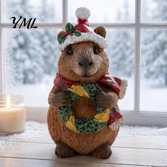 Small Garden Statues for Balcony Christmas Capybara Resin Figurine, Statue with Santa Hat Scarf Wreath, Animal Home Decor Cute Tabletop Ornament Shelf