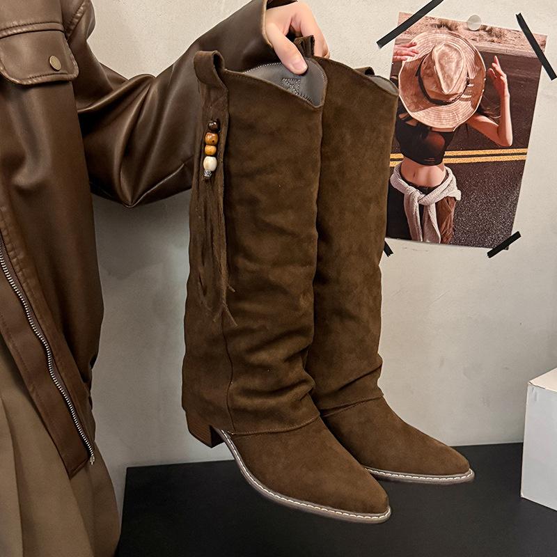 Retro pointed thick heel western cowboy boots women's autumn and winter new long boots versatile but knee-high stacking boots