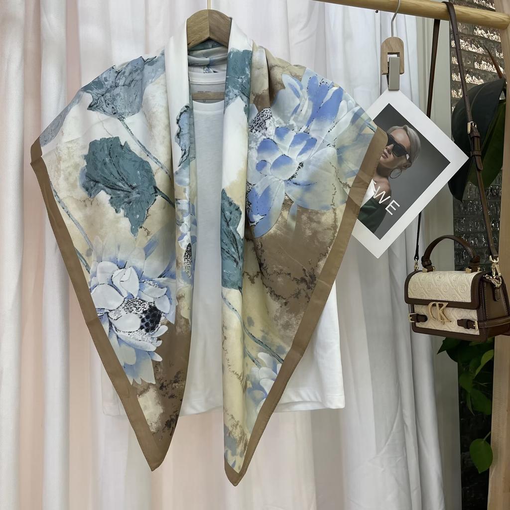 Spring and Autumn High-end Twill Flower Printed Bag Headscarf Scarf for Women New Versatile Sunscreen Scarf Scarf
