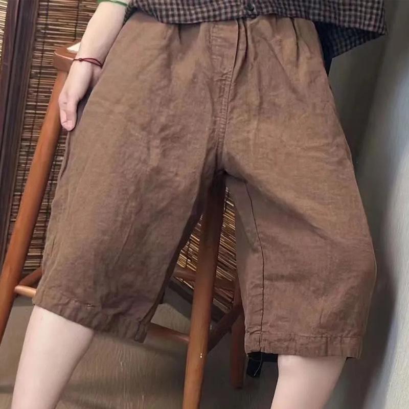 Женские шорты из хлопка и льна с высокой посадкой - Летние повседневные однотонные широкие шорты до колена