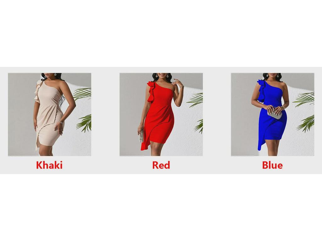D393 Women's Summer Fashion One-Shoulder Ruffle Pencil Skirt Dress