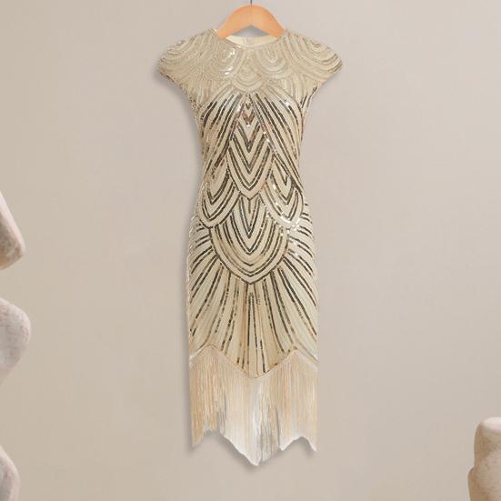 Женское платье с пайетками, винтажное вечернее платье для выпускного вечера без рукавов с круглым вырезом и застежкой-молнией сзади с бахромой по краю, облегающее женское платье