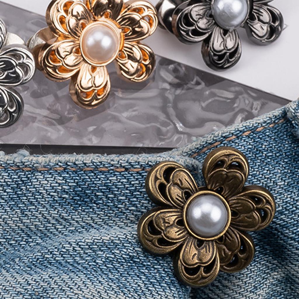 3PCS Pearl Flower Waist Buckle Cincher Clip Waist Brooch Hook for Jeans Pants Plated Waist Tightener Clip Skirt Adjuster