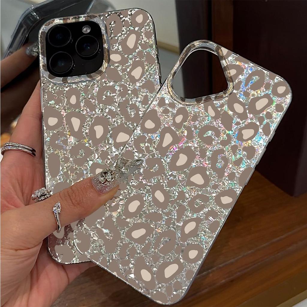 Brown Leopard Charm Case for iphone XS Max 12 15 17 Pro 11 Air 18 Pro Max 13 14 16 Plus XR Silver Crushed Foil Cover