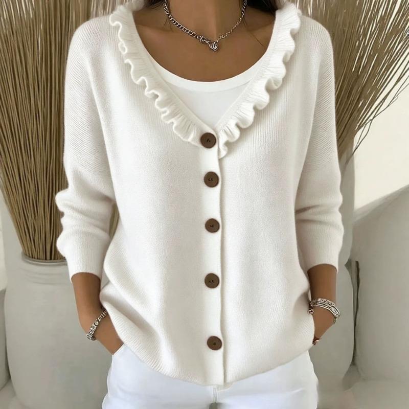 Women S Ruffled V Neck Solid Color Knit Cardigan Casual Autumn Winter Sweater Coat