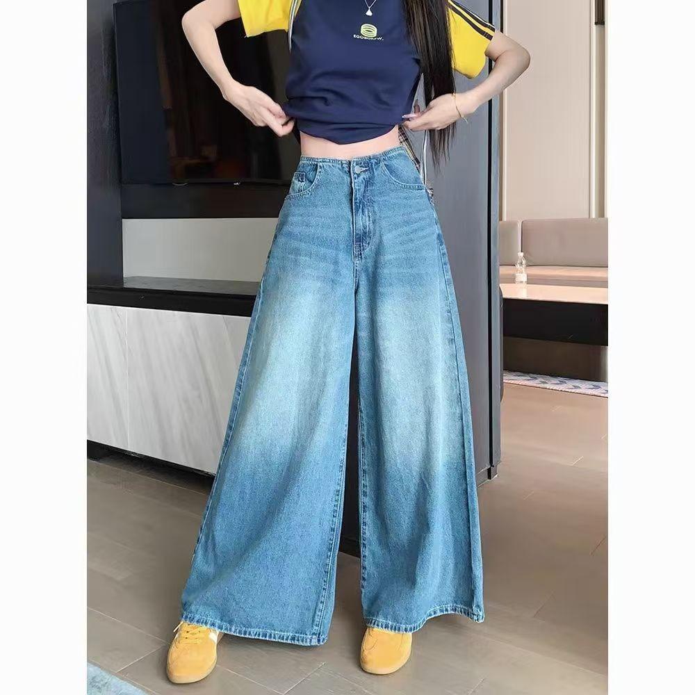 Casual Washed Denim Wide Leg Pants for Women High Waist Loose Vintage Pockets Jeans Female Trousers