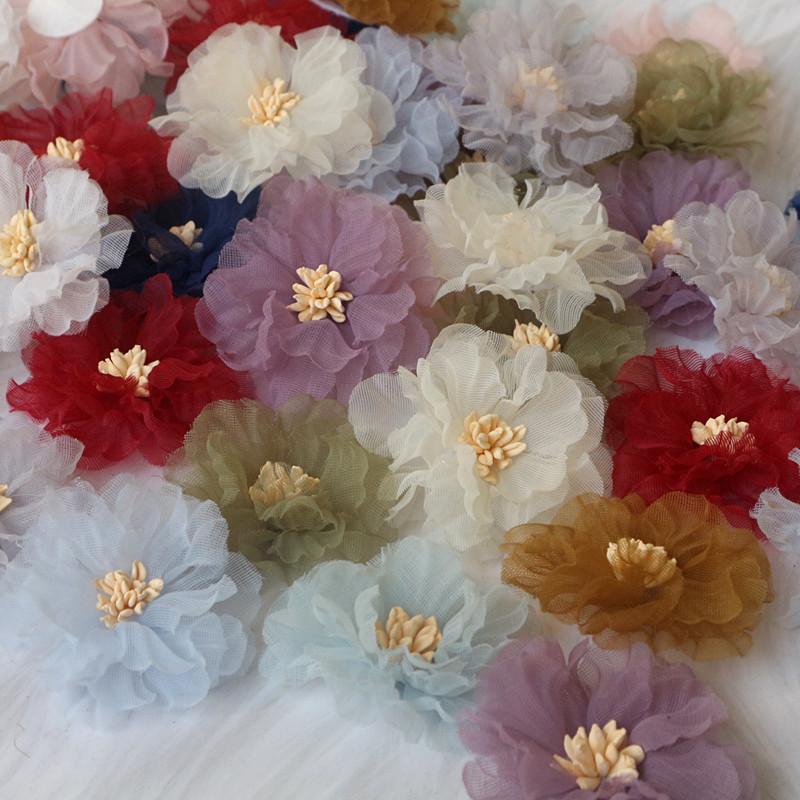 10 шт. 5 см плиссированные цветы из шифоновой ткани с сердцевиной для DIY аксессуаров для волос, шляп, повязки на голову, украшения свадебного платья