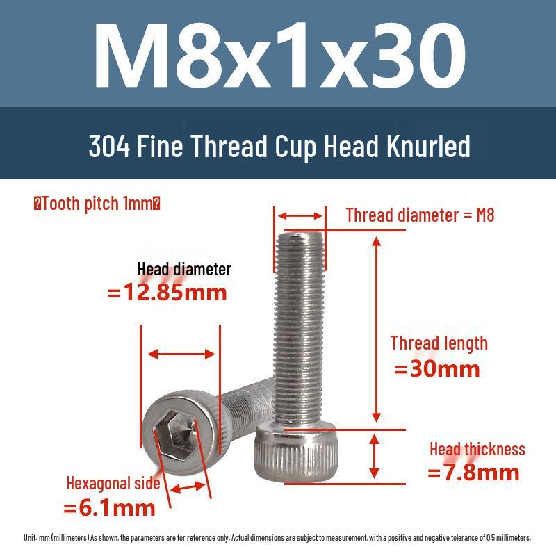 Yigu Fine Thread Knurled Socket Head Screws, 304 Stainless Steel, M3-M12