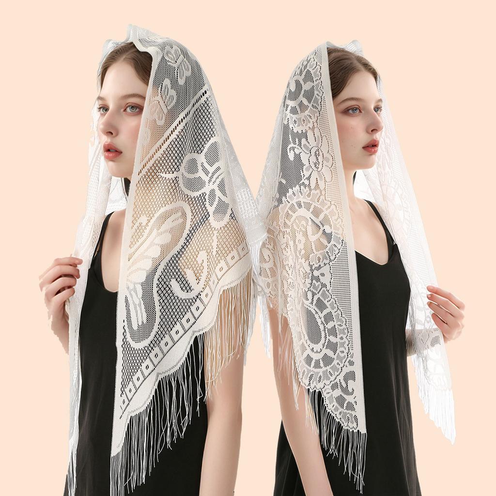 Laven Lace Embroidery Triangle Scarf Hijab Muslim Church Prayer Wedding Mantilla Shawl with Tassels Women White Veil Bandana