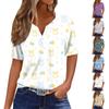 Women's Casual Print V-Neck Short Sleeve Decorative Button T-Shirt Top