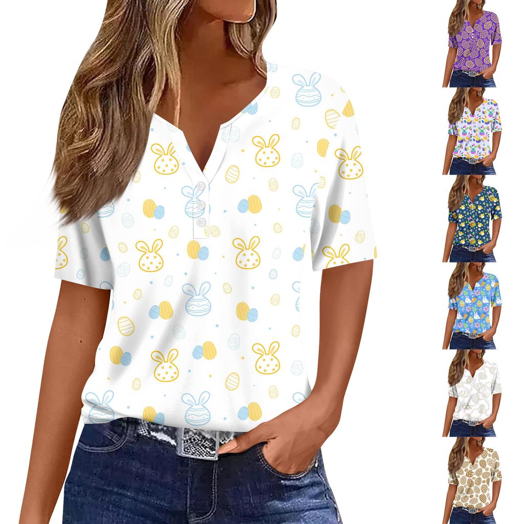 Women's Casual Print V-Neck Short Sleeve Decorative Button T-Shirt Top