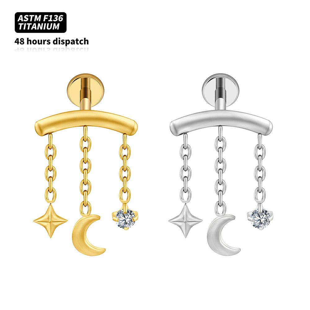 Hidden Helix Body Jewelry: Titanium Floating Zircon Moon Star Chain Pendant Earrings