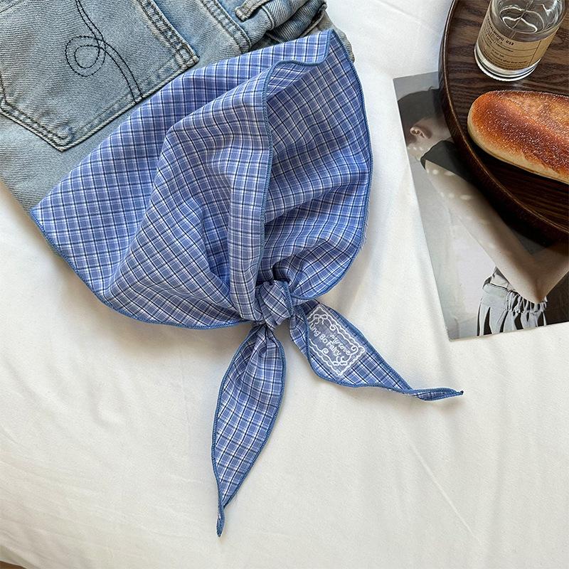 Silk Scarf High-end Sense Niche Design Sense Multi-functional Decorative Small Scarf Cotton and Linen Retro Plaid Headscarf Headband