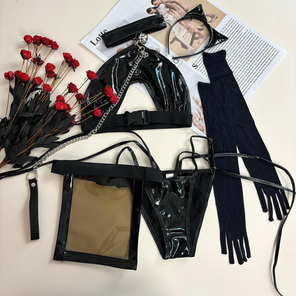 Косплей Сексуальная Кошка Горничная Безгрудая SM ПУ Кожа Ограничение Тренировка Соблазн Экстрим Маленькая Грудь Смелый Бодикон Костюм Моэ Моэ Повязка на Голову Топы Стринги