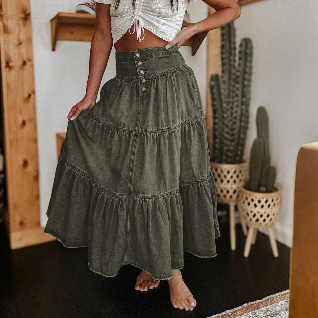 Женская модная ретро-юбка с завышенной талией и пуговицами из денима