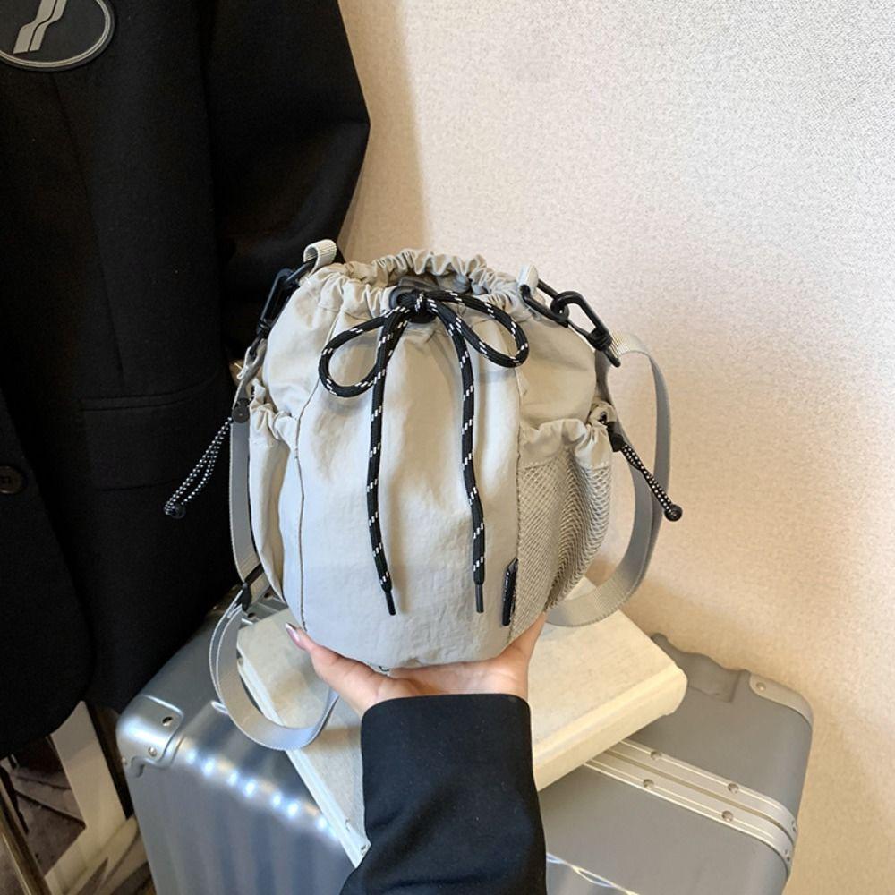 Korean Style Drawstring Bucket Bag Purse Handbag Nylon Shoulder Bag Mobile Phone Bag Solid Color Small Crossbody Bag Outdoor