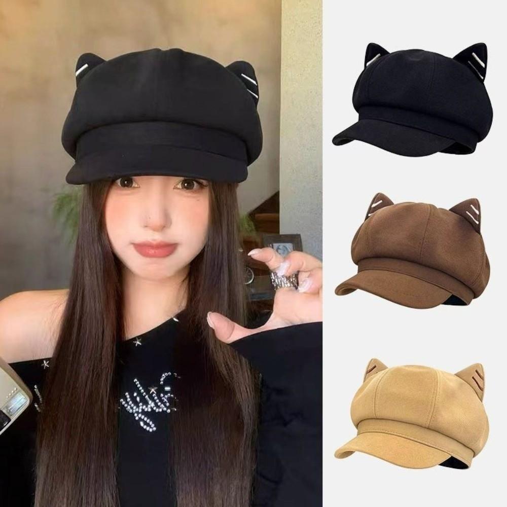Y2K Cat Ear Hat Woolen Octagonal Cap Retro British Beret Hat  Women