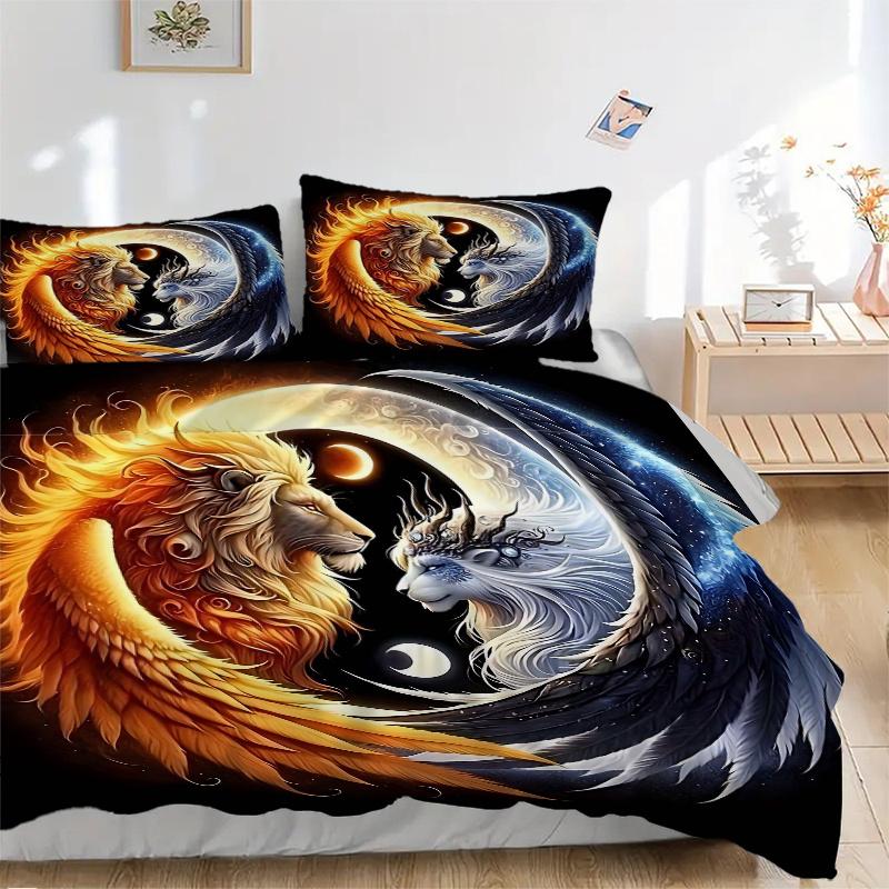 3pcs Mythical Lion and Dragon Quilt Cover Set (1 Quilt Cover + 2 Pillowcases Without Pillow Core), High-Definition Printing for Home and Dormitor