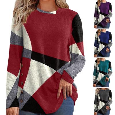 Женская футболка на пуговицах с геометрическим принтом и цветными блоками в стиле пэчворк, длинный рукав, с принтом Верх