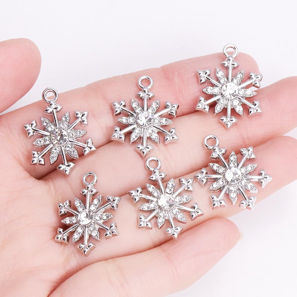 10Pcs Delicate Pearl Zircon Snowflake Pendant Alloy Metal Charms for Diy Jewelry Making Necklaces Earrings Craft Accessories