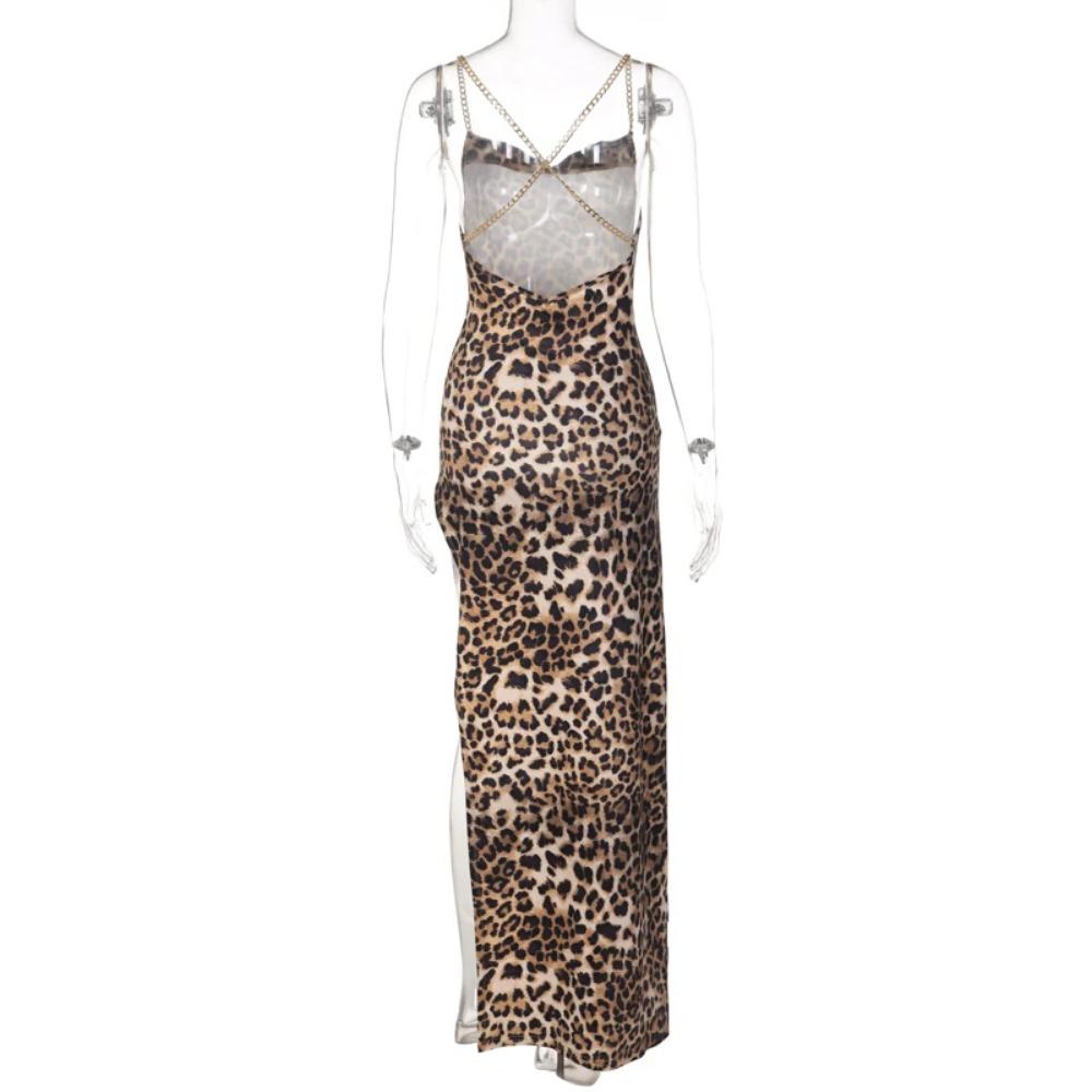Leopard Print Women Chain Strap Side Slit Maxi Dress Backless Bodycon Sexy Streetwear Festival Evening Elegant