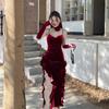 Women's Elegant Dresses Spring New Solid Color Velvet Halter Flutter Dress with Sleeve Sets