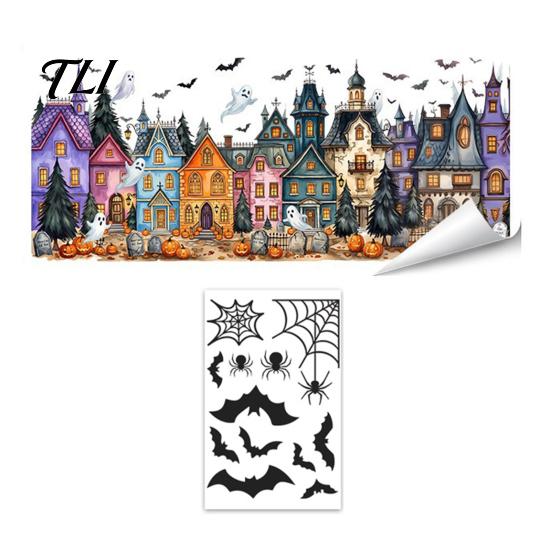 Easy Apply Glass Clings Halloween Window Clings, Pumpkins Skeletons Ghosts And Bats Print Decorative Decals, Electrostatic PVC Static
