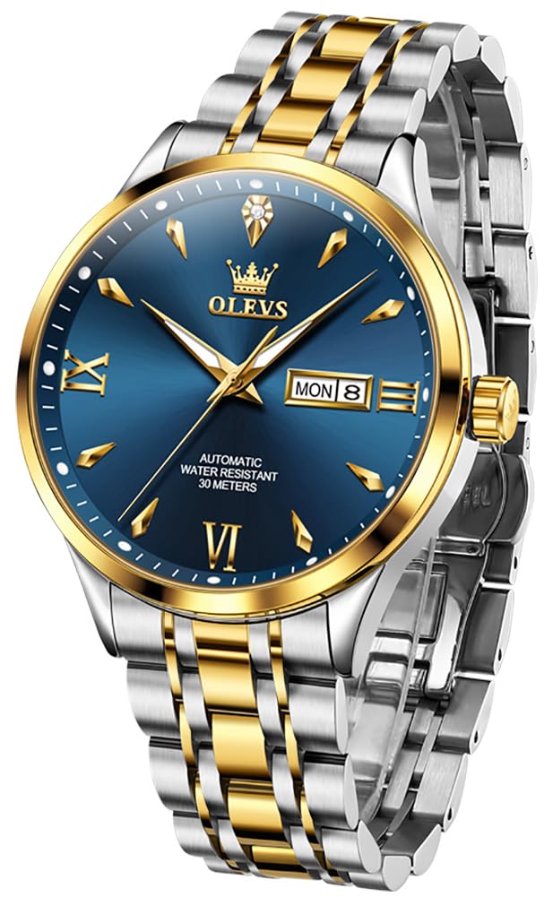 OLEVS Mechanical Movement Automatic Manual Winding Arm Clock Waterproof Luminous Date Stainless Steel Present Watch for Man Men's