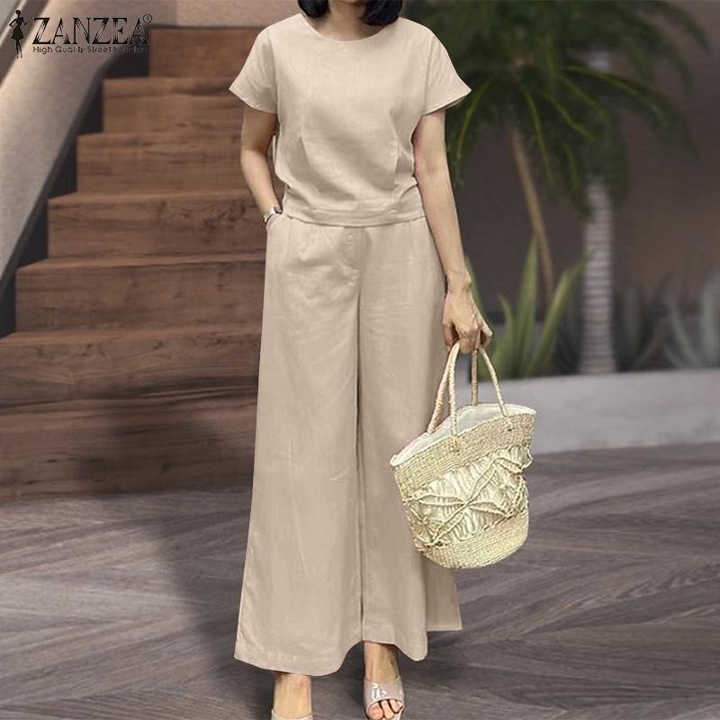 ZANZEA Летние наряды: женская блузка и брюки, повседневный костюм из двух предметов