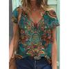 Ethnic Style Floral 3D Print T-Shirts Women V-Neck Short Sleeve T Shirt Streetwear Y2k Top Harajuku Oversized Tee Woman Clothing