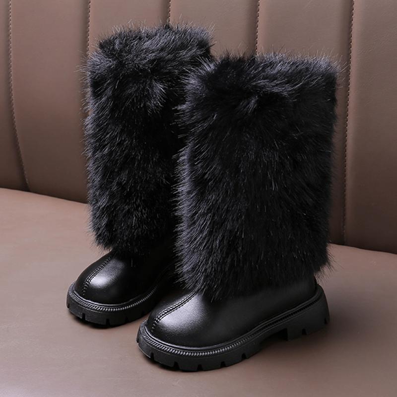 Warm Long Plush Rear Zip Knee Boots Girl 2025 Winter Comfort Thick Bottom Non Slip Booties Fashion Solid Faux Fur Boots Child