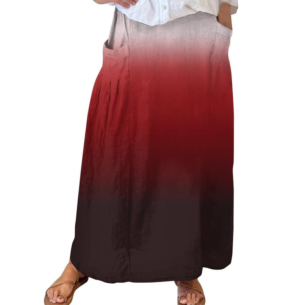 Women Casual Loose Boho Elastic Waist A-Line Beach Flowy Swing Vacation Maxi Skirt With Pocket