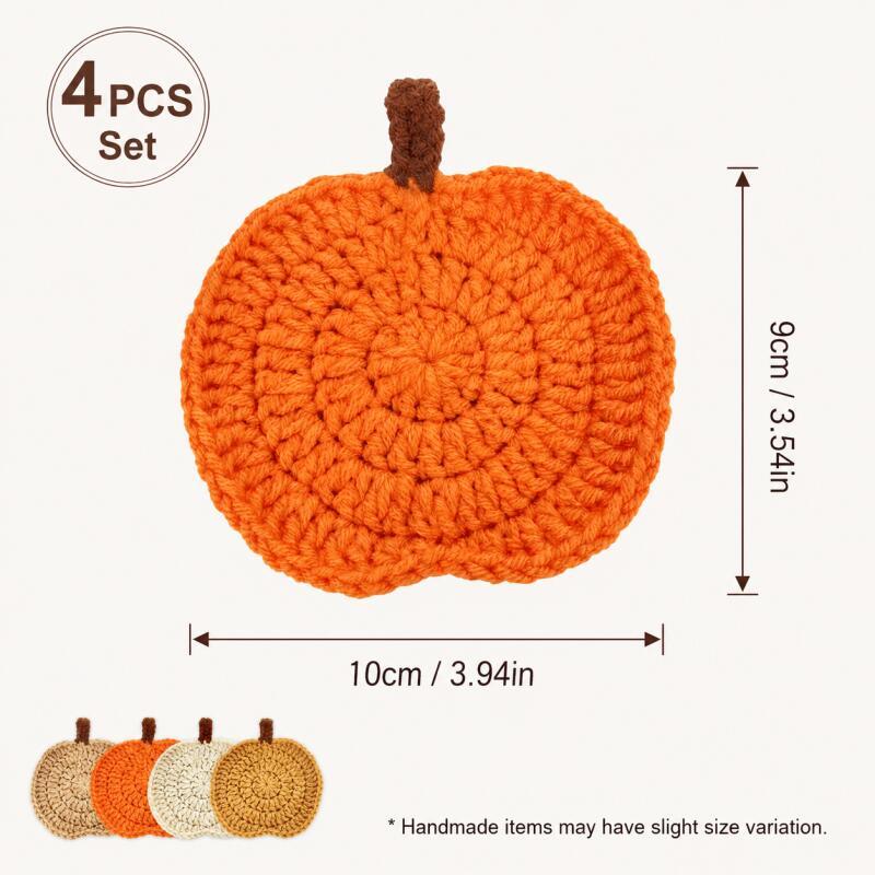 4PCS Crochet Pumpkin Coasters Halloween Fall Table Decor Knit Cup Mats for Coffee Mugs Cup Holders 5